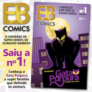 Capa da primeira história em quadrinhos da Gata Púrpura, criação de Elinaudo Barbosa