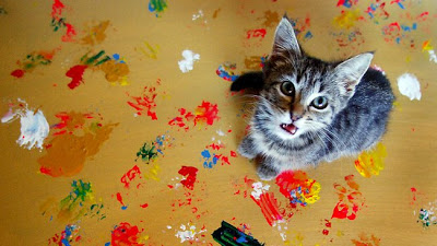 Gatinho pintando quadro com as patinhas