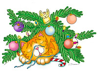 Desenho de gatinho dormindo, após derrubar árvore de Natal